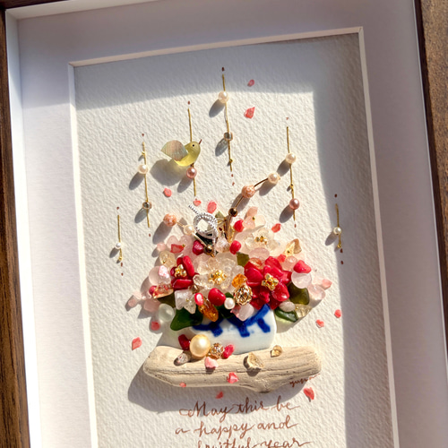 新年のフラワーアレンジ シーグラスアート／天然石／フレーム