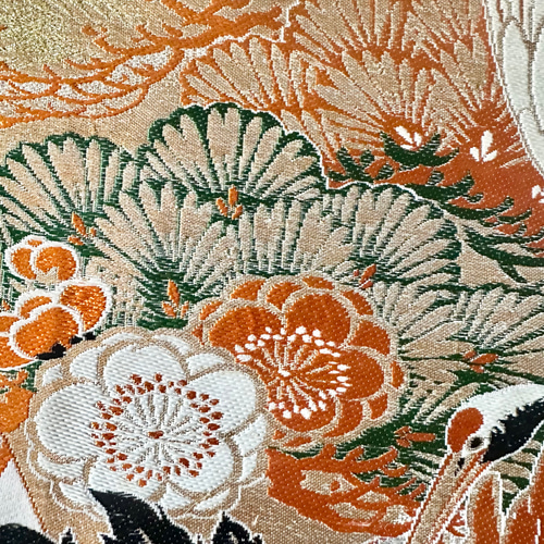 帯のテーブルランナー ヴィンテージ 花々と鶴 撥水加工 長さ調節