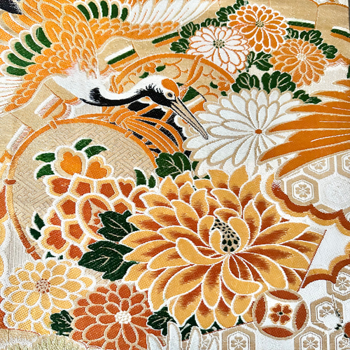 帯のテーブルランナー ヴィンテージ 花々と鶴 撥水加工 長さ調節