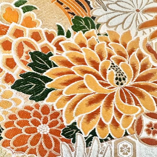 帯のテーブルランナー ヴィンテージ 花々と鶴 撥水加工 長さ調節