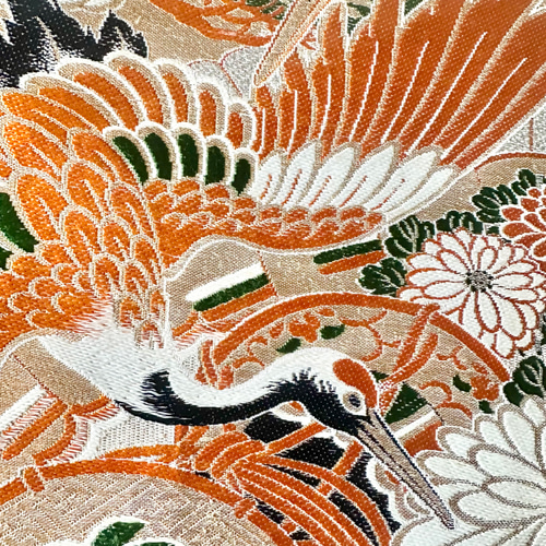 ヴィンテージ帯 テーブルランナー 花々と鶴 長さ変更 撥水加工 セミ