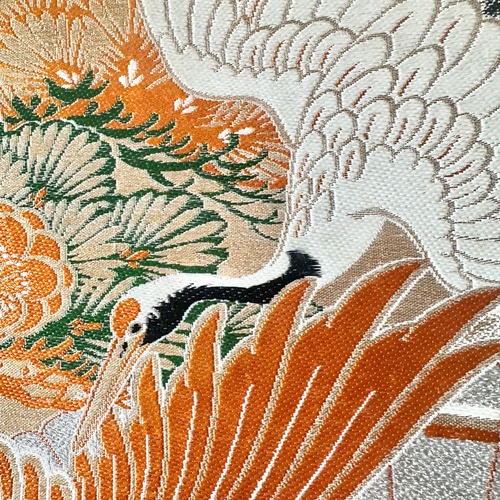 帯のテーブルランナー ヴィンテージ 花々と鶴 撥水加工 長さ調節