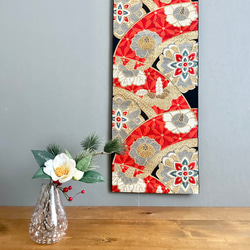 帯のタペストリー アンティーク 松と菊の扇 着物リメイク インテリア