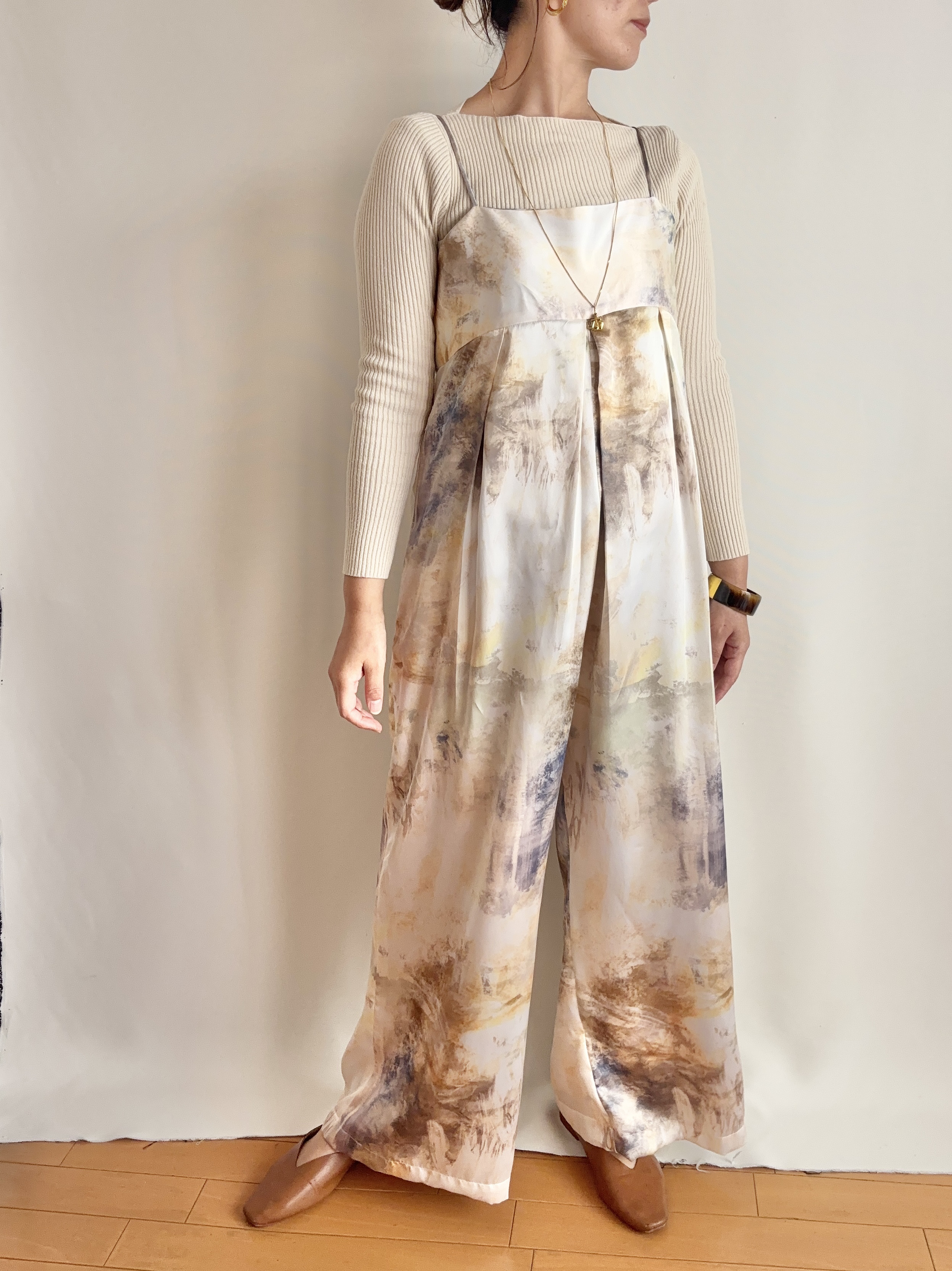 【大人服】サロペット　抽象画　大人のサロペット　Kimita オリジナルプリントサテン　モネ　アート