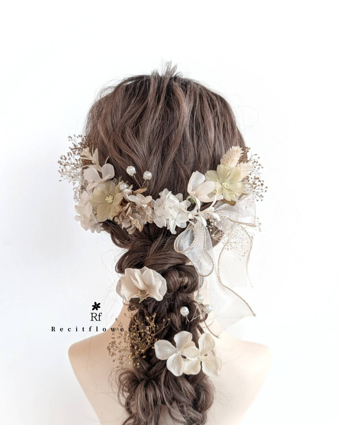 シフォンフラワー 髪飾り 成人式 卒業式 結婚式 七五三 白 ゴールド リボン 髪飾り RC269