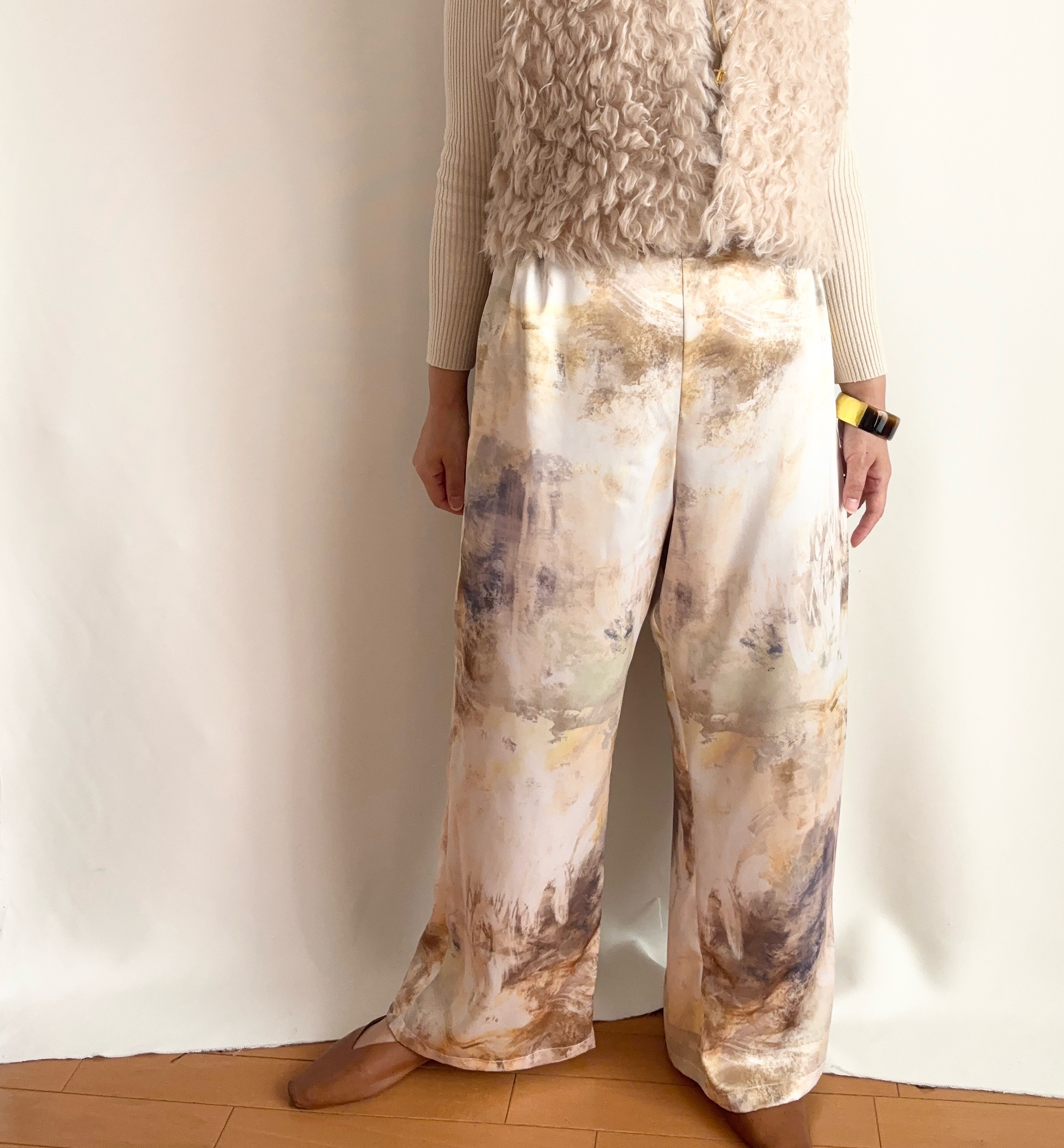 【大人服】パンツ　抽象画　大人のサロペット　Kimita オリジナルプリントサテン　モネ