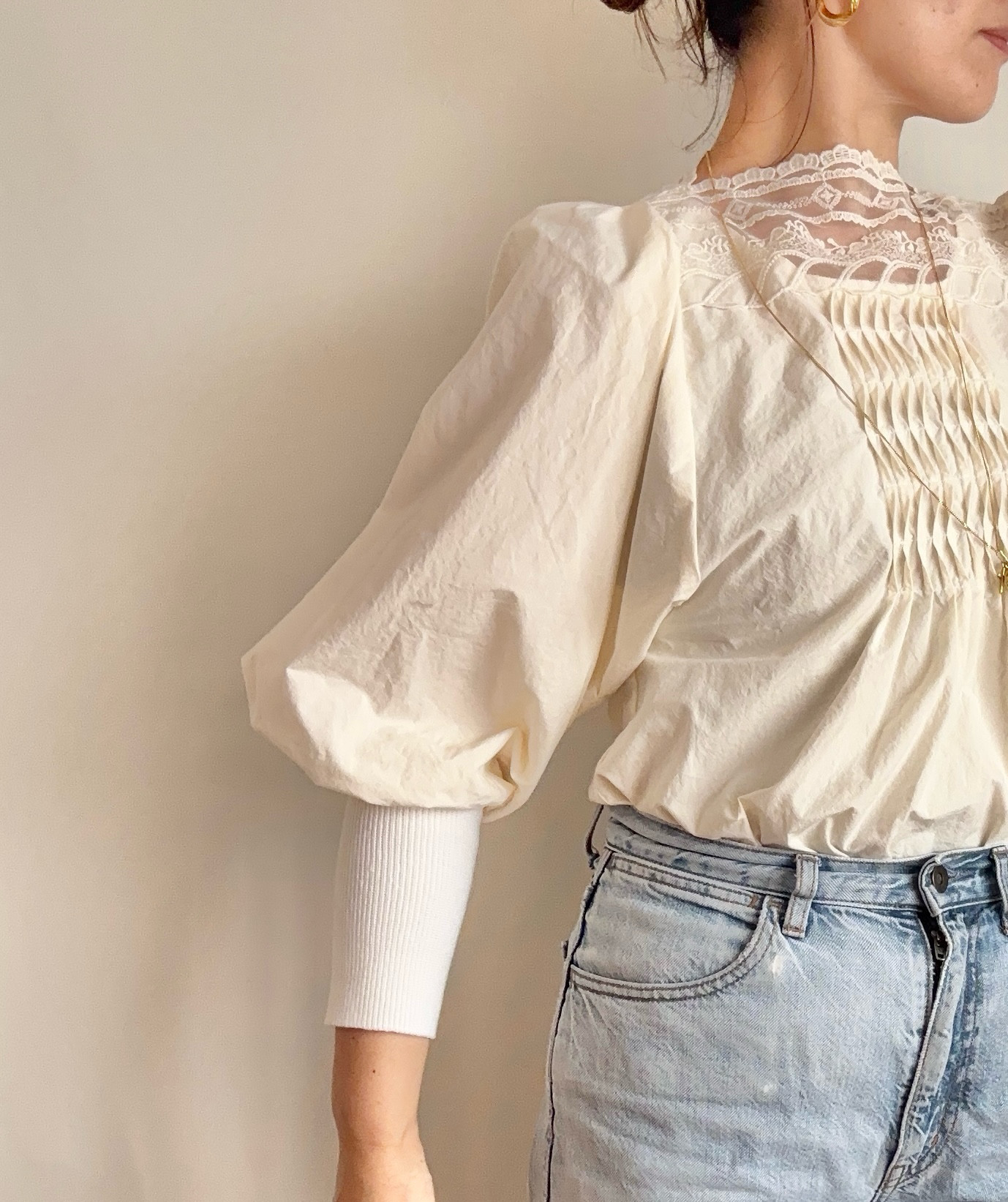 【大人服】ピンタック　クラシカルレースブラウス　パフスリーブ　フォーマル　ブラウス