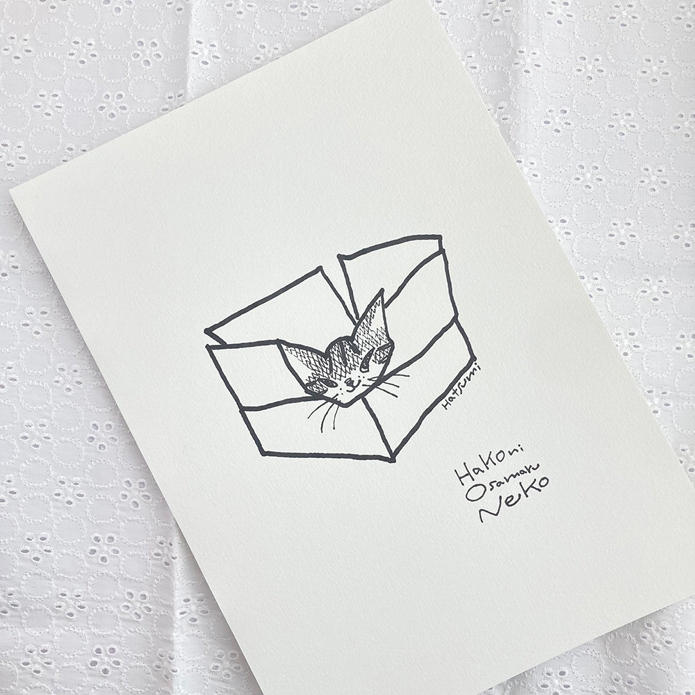 （イラスト原画）箱におさまる猫　※原画のみ/額なし※　原画　イラスト　アート　動物　猫　線画