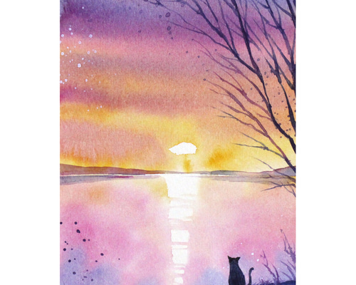 版画 絵 夕日 原画】空を染める夕日（水彩画）送料無料☆夕日 猫 ミニ絵画 #2936b