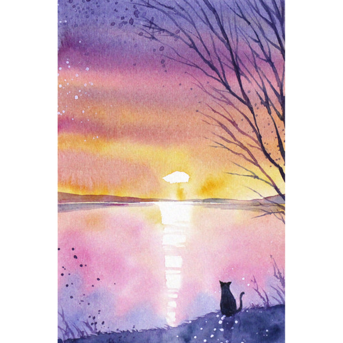 原画】空を染める夕日（水彩画）送料無料☆夕日 猫 ミニ絵画 #2936b