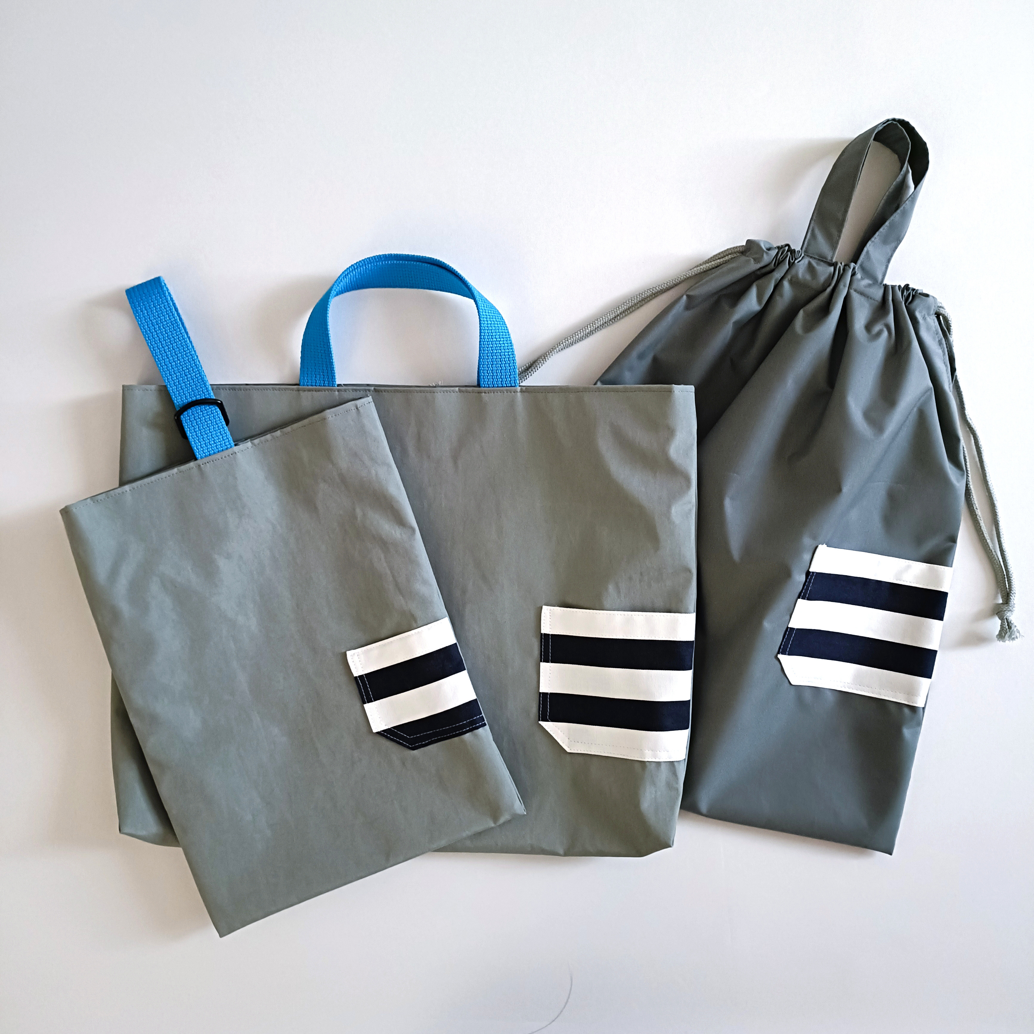 【撥水ナイロン】　グレー✕ボーダーポケット　入園入学　3点セット　男の子　レッスンバッグ　上靴入れ　お着替え袋　体操服