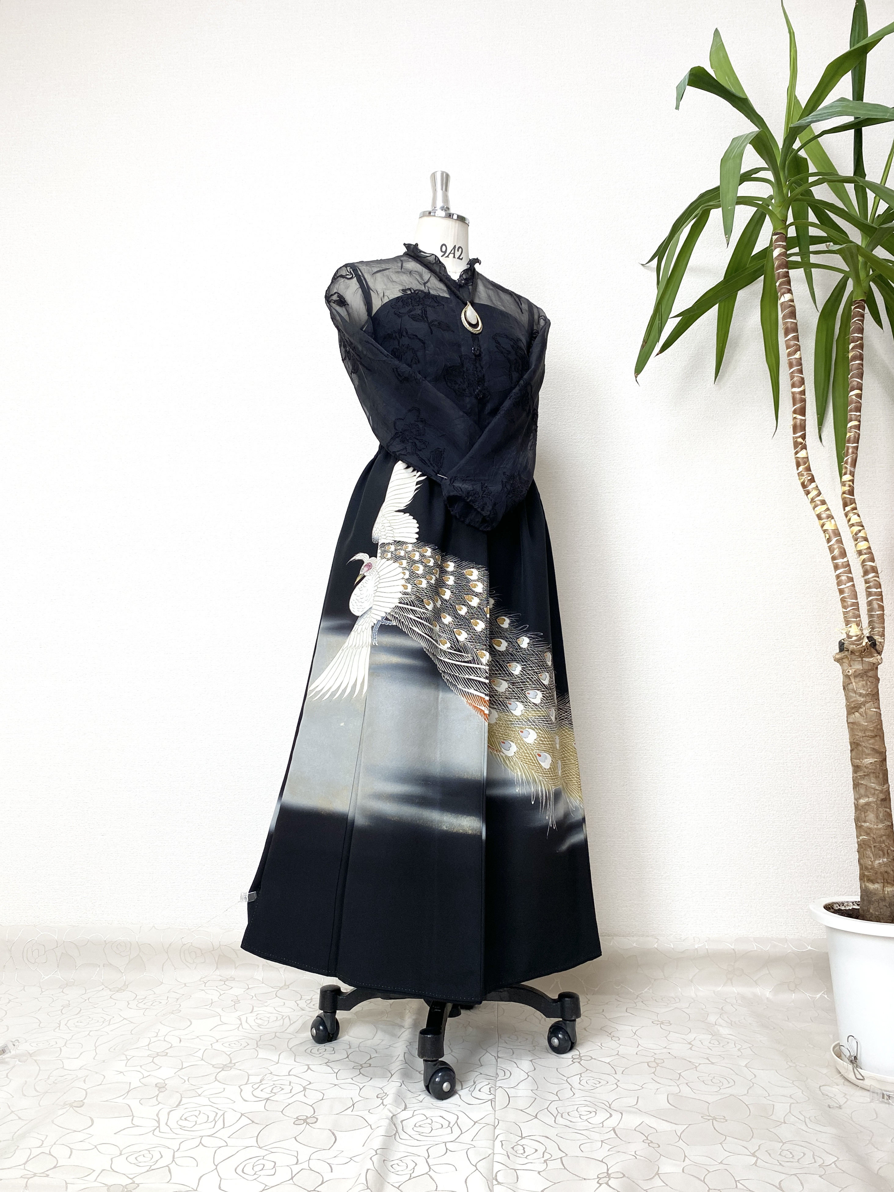 大人可愛いセレブ着物スカートフリーサイズ1点物黒留袖着物リメイクウエストゴムロングスカートフリーサイズ送料込み6030