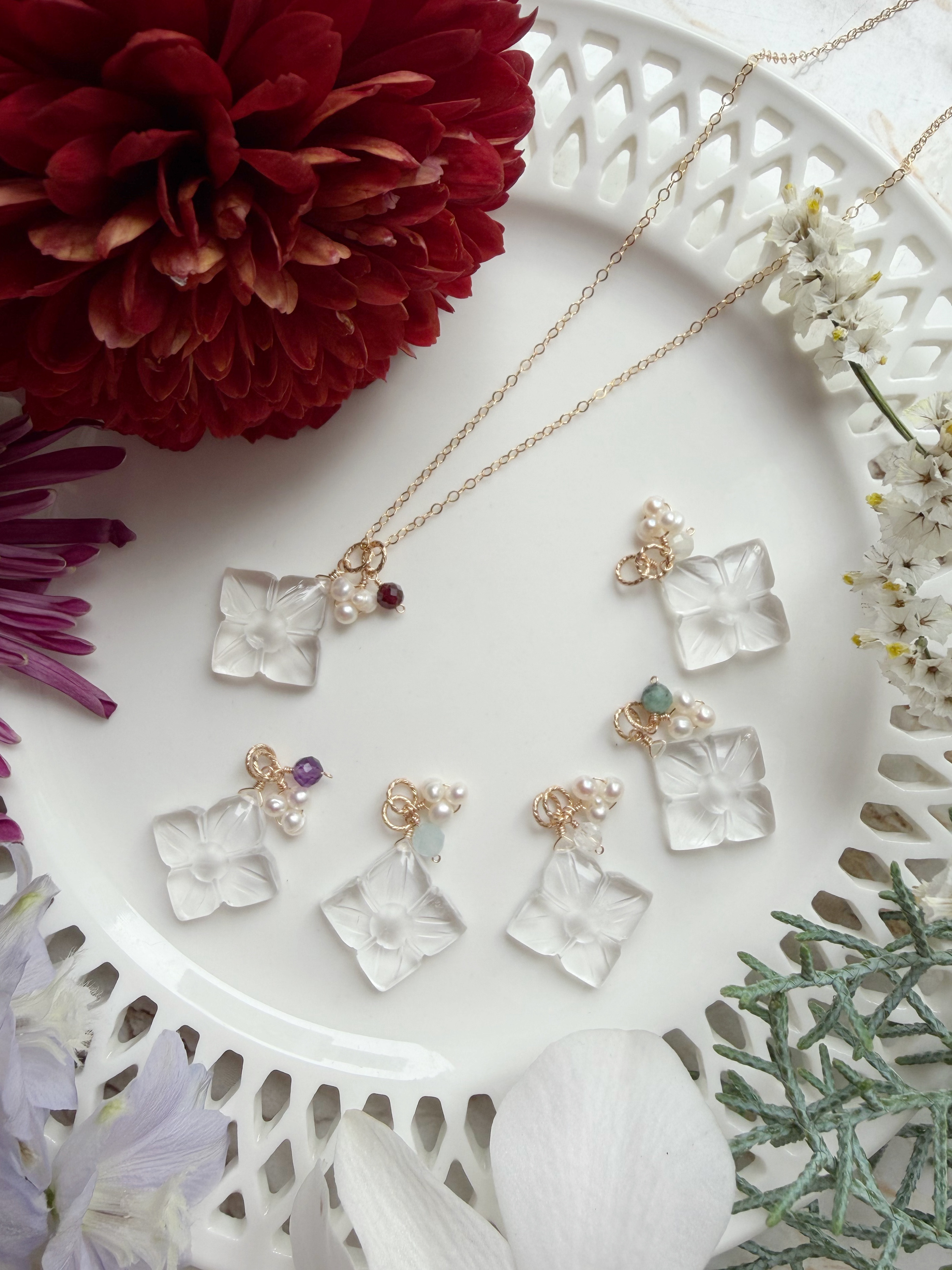 【選べる誕生石】14KGF カランコエカット水晶 淡水パール×誕生石 ネックレスチャーム2点セット