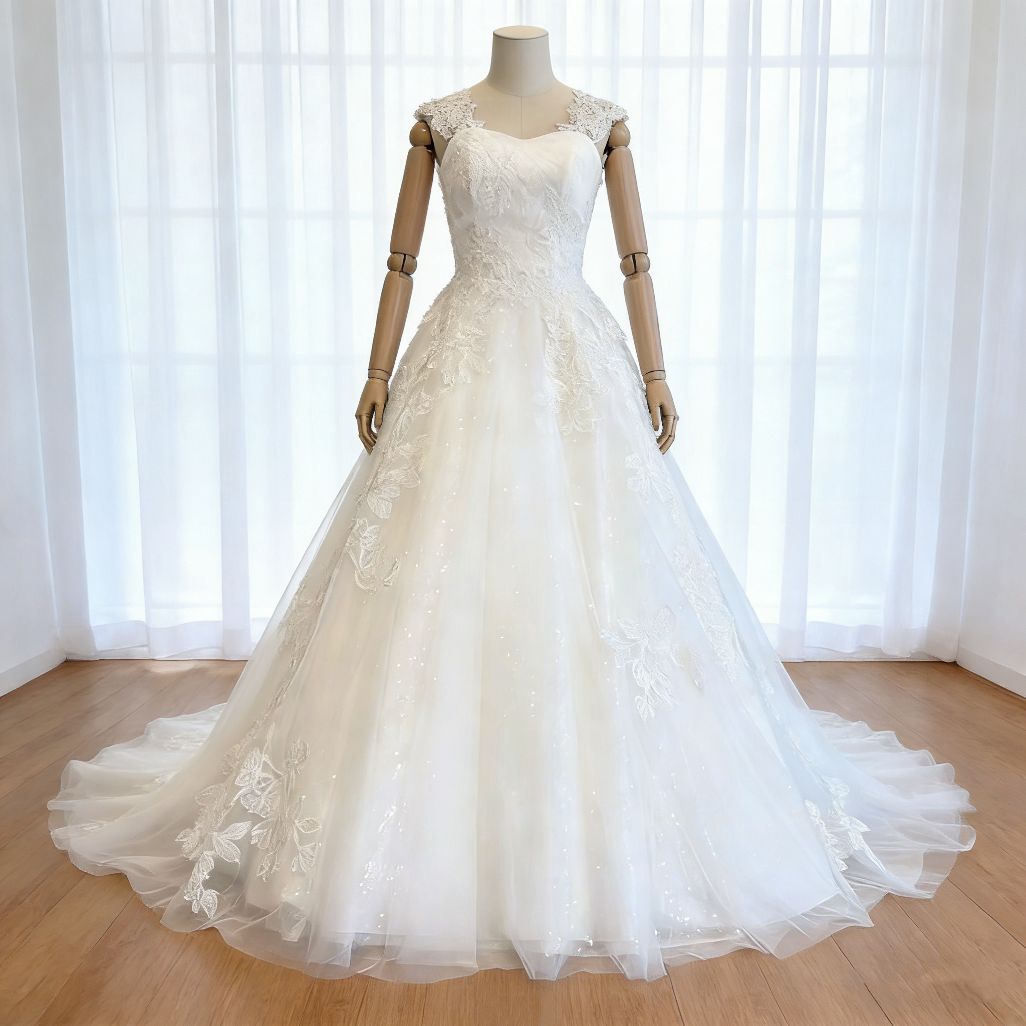 送料無料！ウェディングドレス キラキラチュール 花柄モチーフで刺繍が美しい オンショルダードレス  結婚式 憧れのドレス