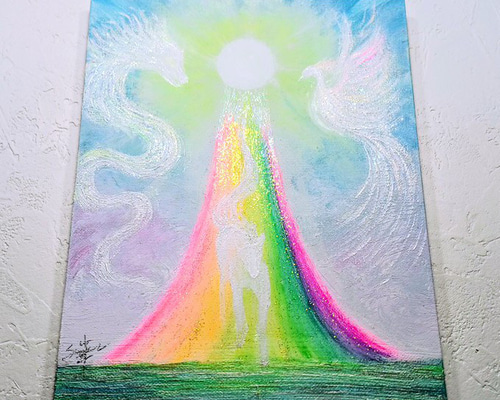 風水吉祥絵画＊Rainbow Light〜光と幸せに繋がる道〜 白馬・龍・鳳凰