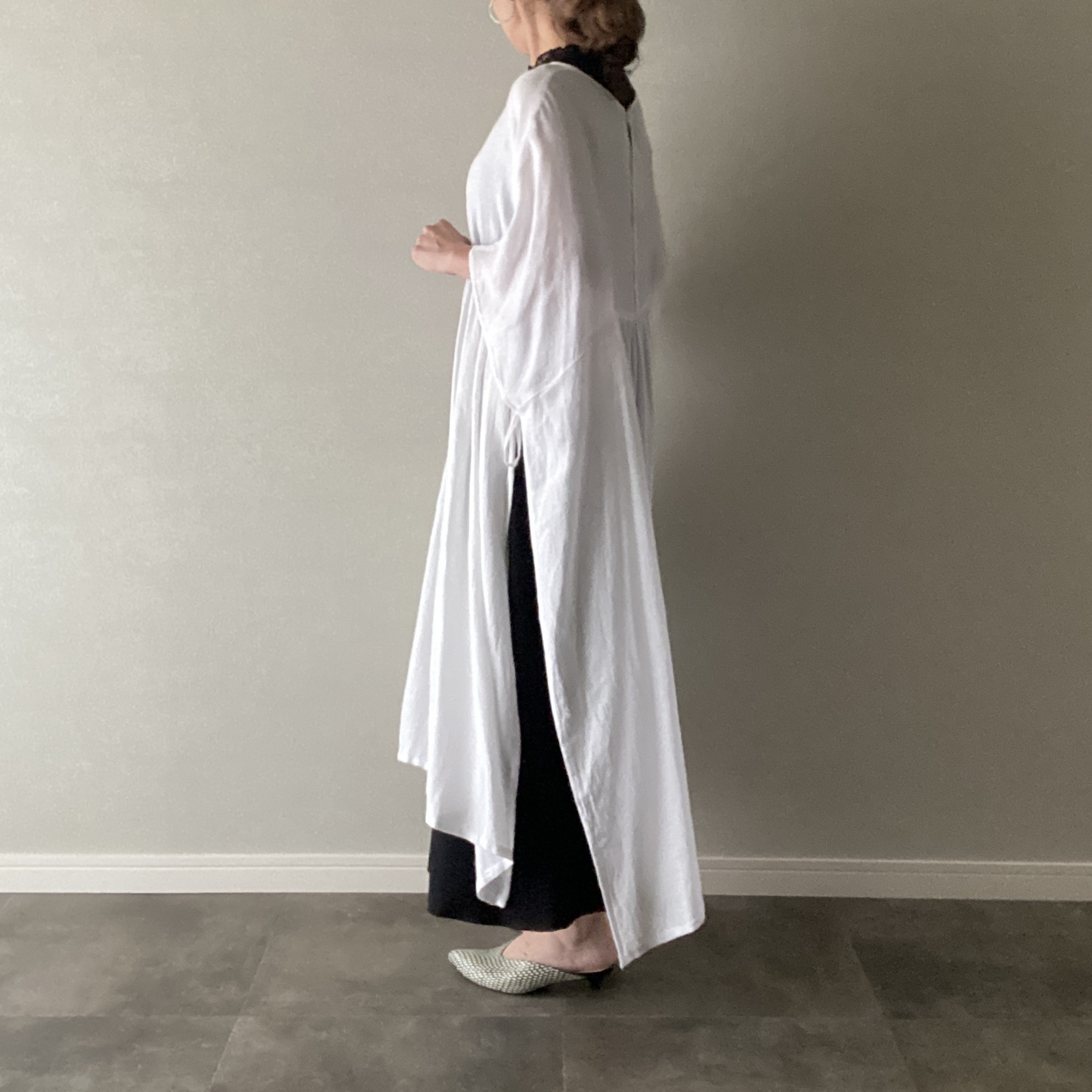 【En salon】チュニック ワンピース 五分袖 ホワイト フリーサイズ［091303］