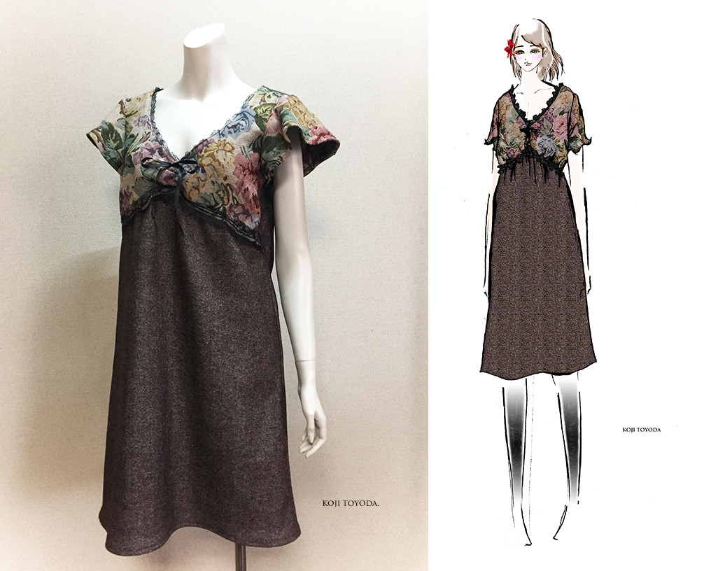 【1点もの・デザイン画付き】ツイル（ウール＆ポリ）生地ワンピース（KOJI TOYODA）