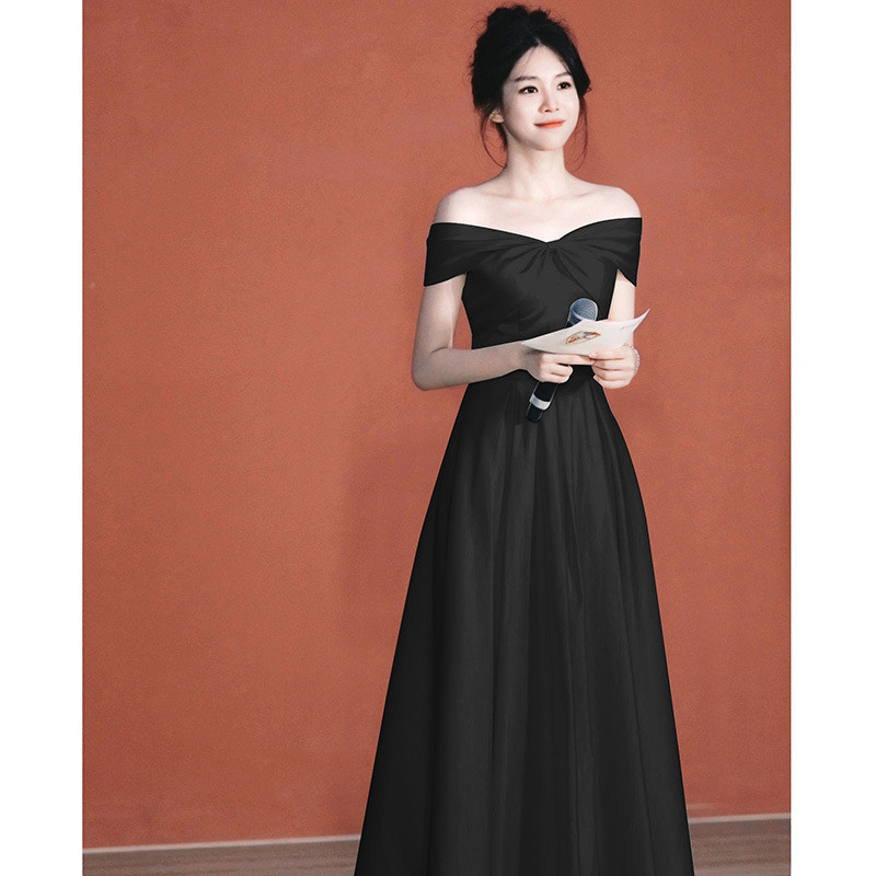 パーティードレス 黒白 サテン オフショルダー シンプル 韓国風 高級感 パーティー 二次会 演奏会 前撮り AK493