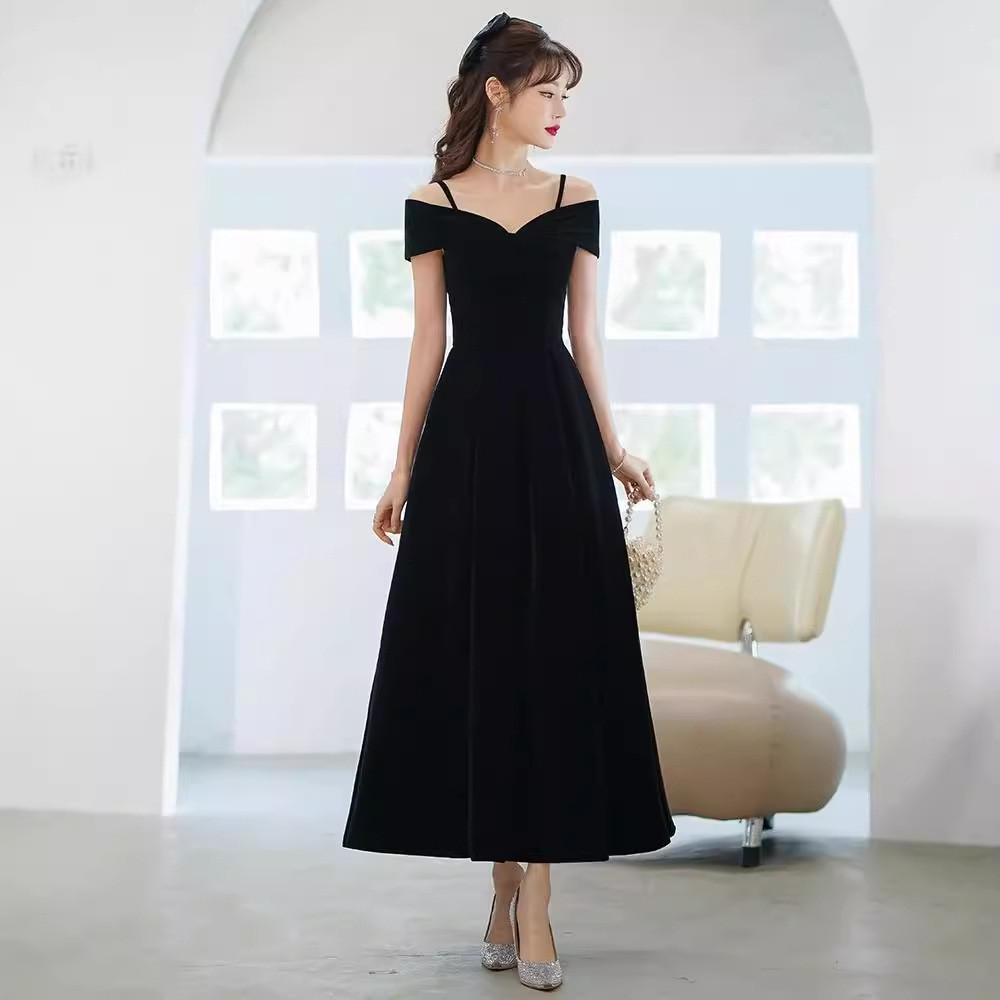 パーティードレス 黒 サテン/ベロア オフショルダー 高級感 パーティー 二次会 演奏会 前撮り お呼ばれ AK494