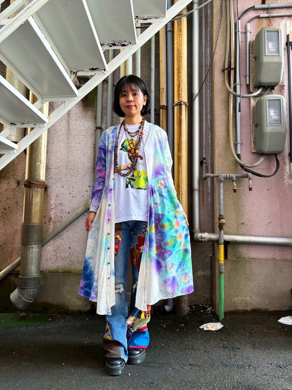 タイダイ 前開き ロングワンピース 美しいブルーパープルのムラ染めに幻想的な大曼荼羅 HD25-14