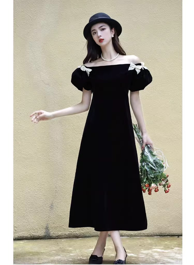 パーティードレス 黒 オフショルダー リボン 韓国風 披露宴 誕生日 成人式 演奏会 前撮り お呼ばれ AK507 7,590円