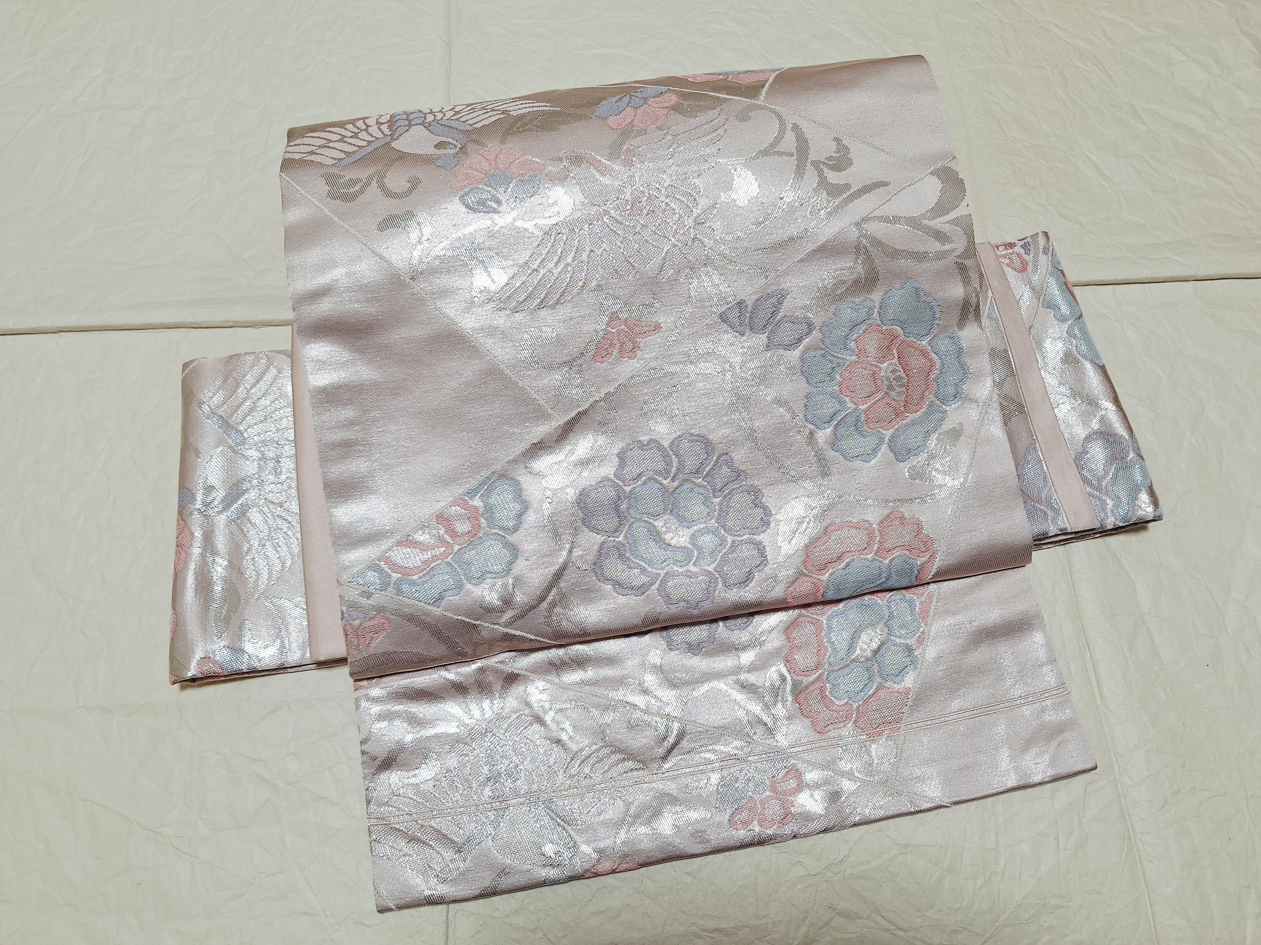 ワンタッチ帯　くらわん帯　正絹名古屋帯リメイク　銀糸淡桃色花文様　作り帯　簡単帯