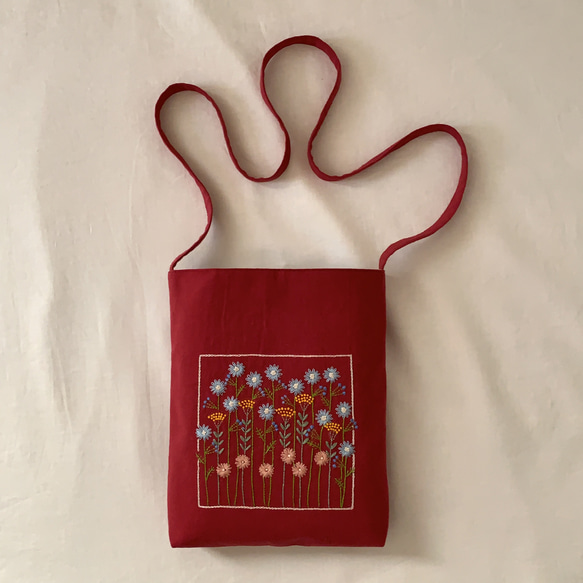 サコッシュ】綿麻/草花手刺繍/スモークベリー【くが屋