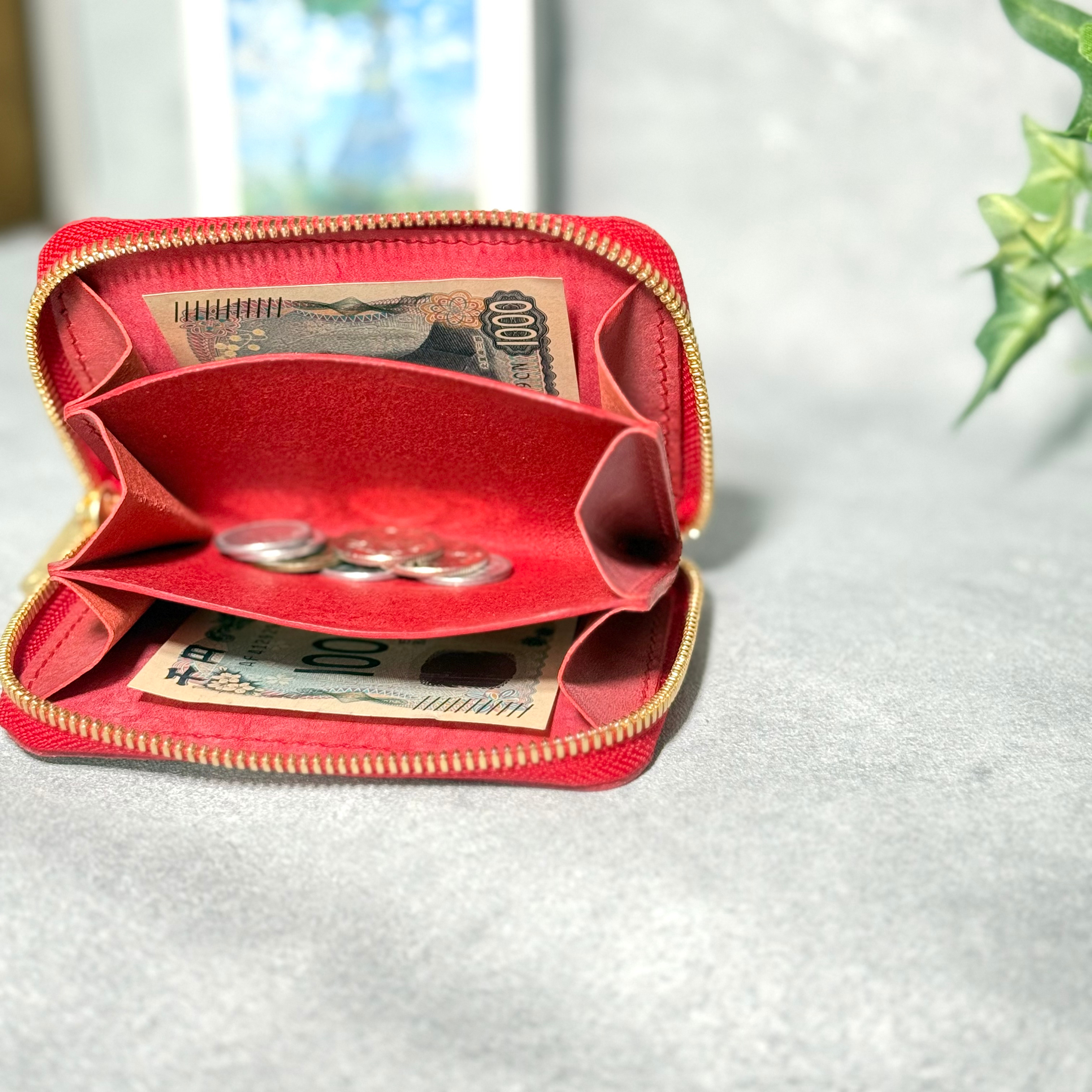 総手縫い 育つほど輝く革 お札を折らずに収納 ラウンドファスナーミニウォレット