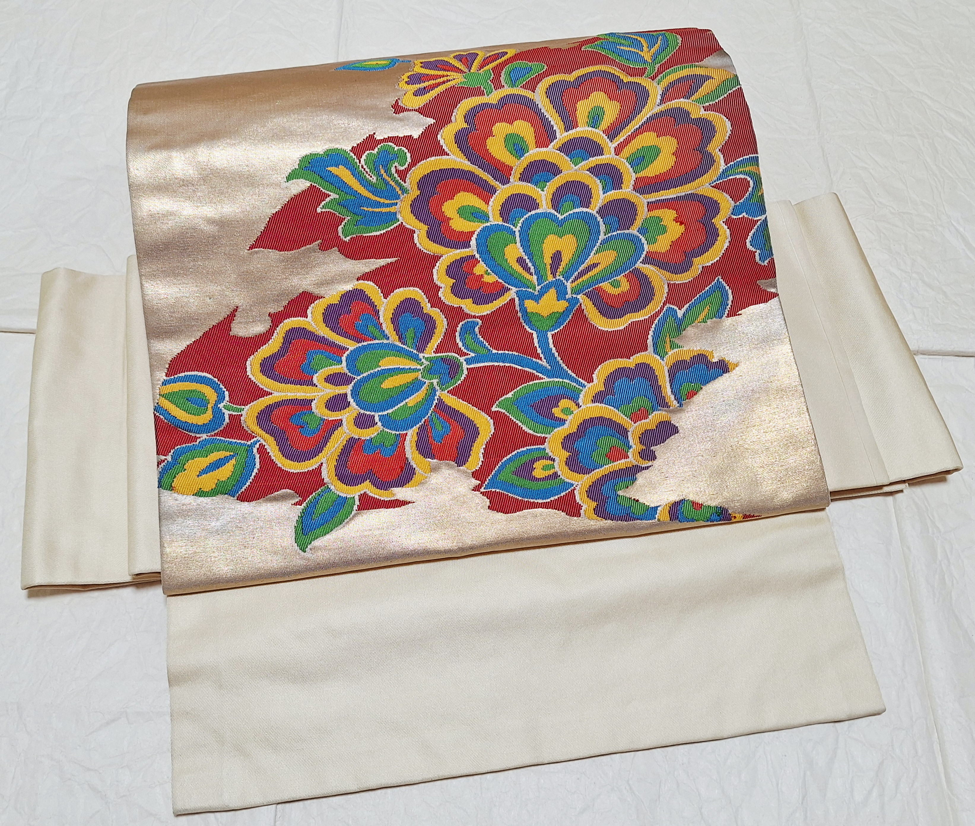 ワンタッチ帯　くらわん帯　正絹名古屋帯リメイク　金糸カラフル更紗花文様　作り帯　簡単帯 9,728円