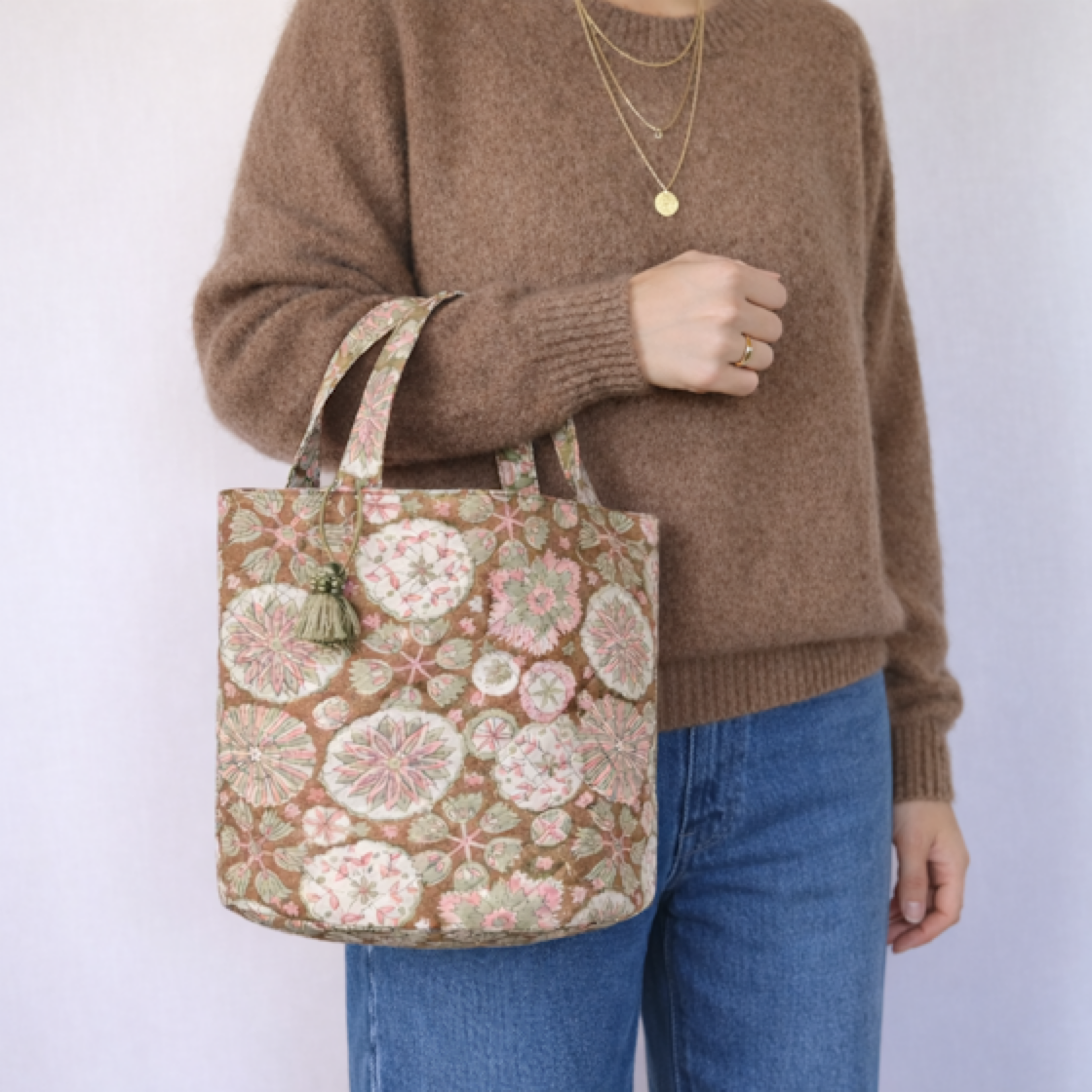 インド綿の丸底バッグ＊ブラウンピンク