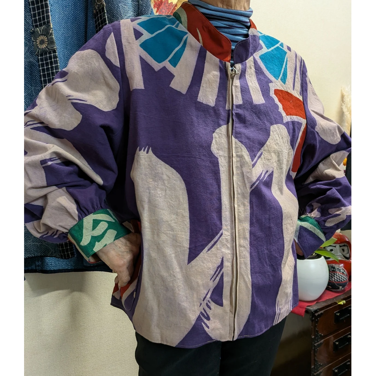 大漁旗と手ぬぐいの柿渋染めリバーシブルブルゾンジャケット　　古布リメイク