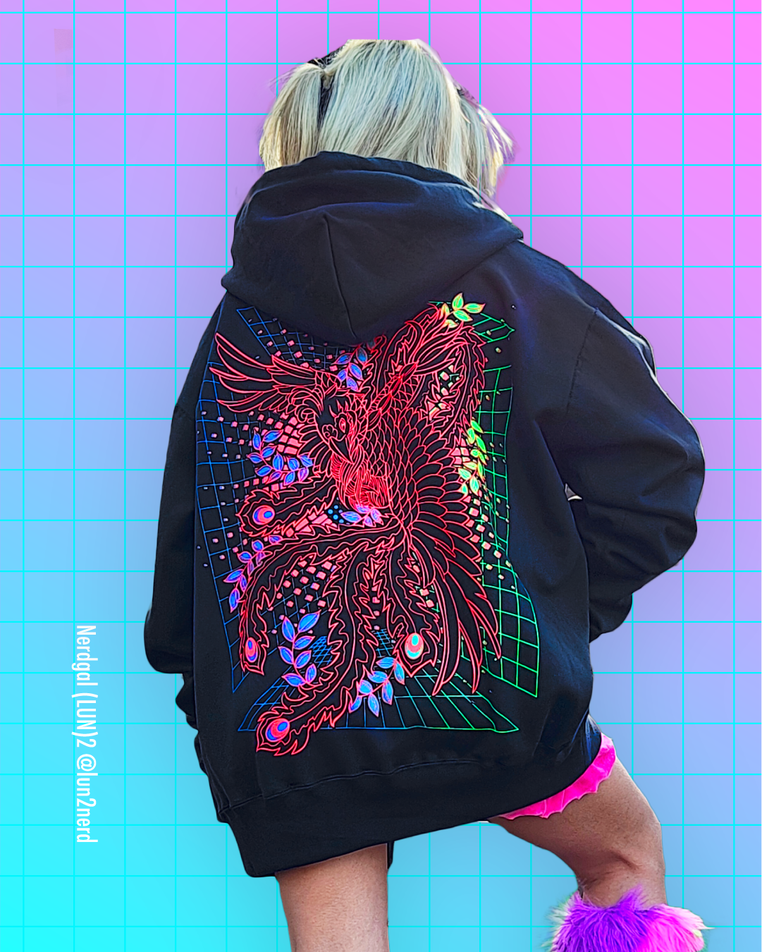 朱雀 フェニックス パーカー 個性的 サイバーパンク 蛍光 ネオンカラー ビビット 陰キャ サブカル ユニセックス