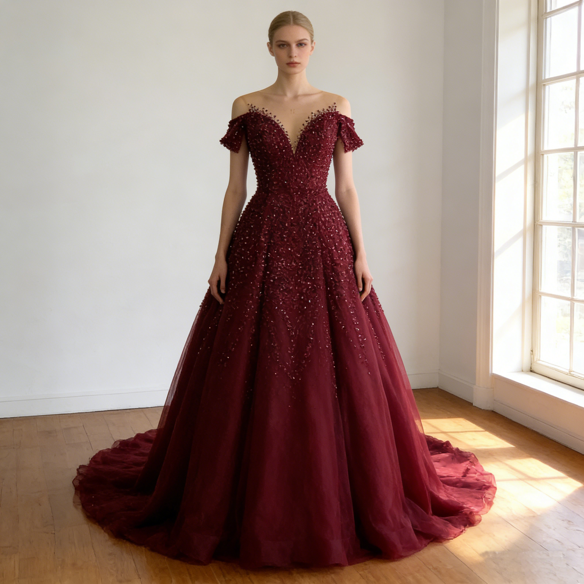 カラードレス ボルドー色  韓国風ドレス  オフショルダー Vネックドレス  華やかなトレーン 演奏会/音楽会