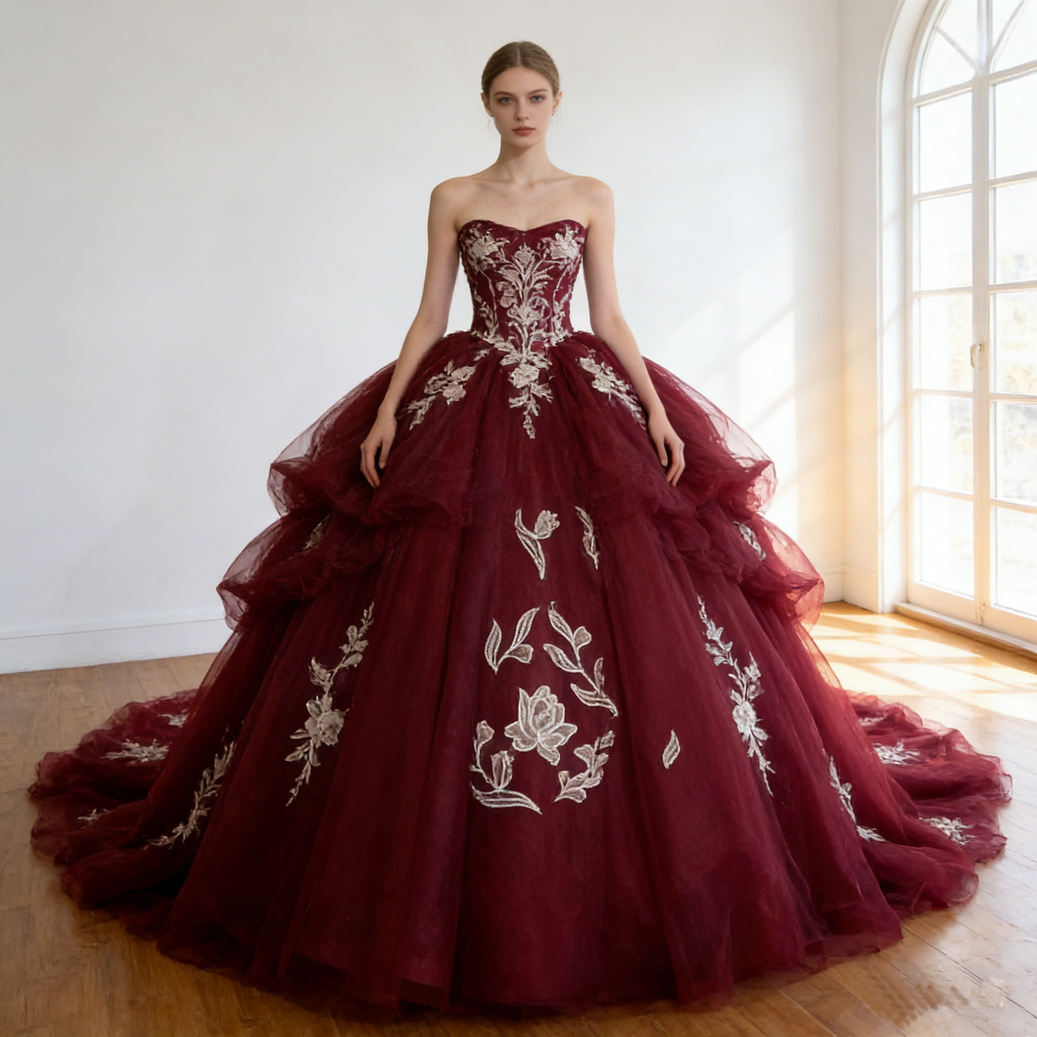 カラードレス ボルドー色  韓国風ドレス  繊細なレース ビスチェドレス  華やかなトレーン  ソフトチュールブライダル