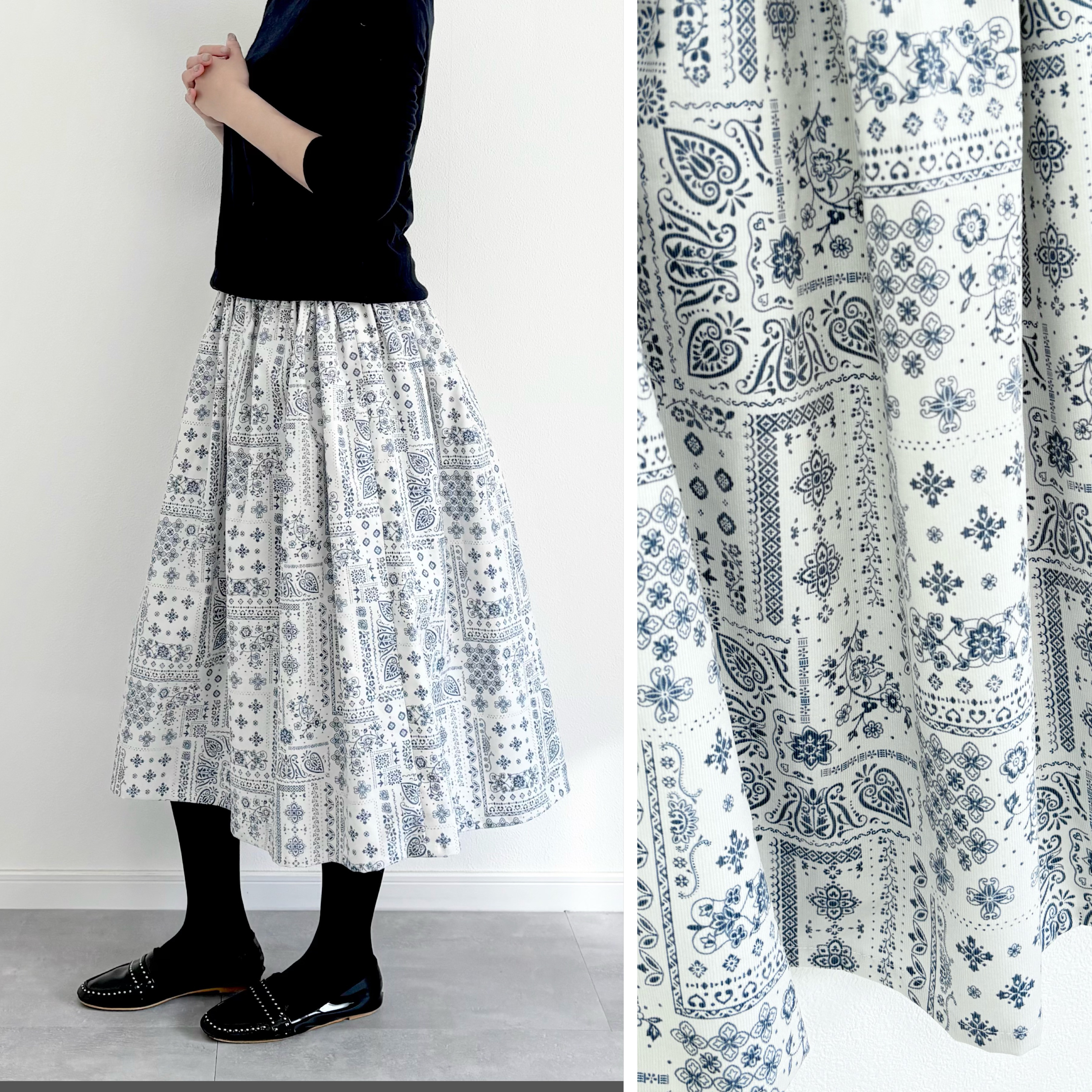 ♦︎2026新作♦︎ホワイトペイズリー　コーデュロイのギャザースカート