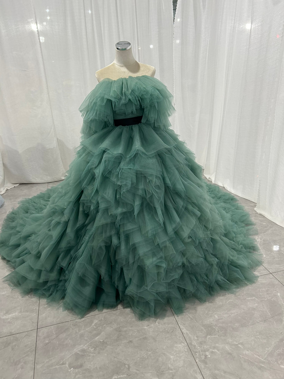 オフショルダー ミントグリーン カラードレス 韓国風ドレス チュール