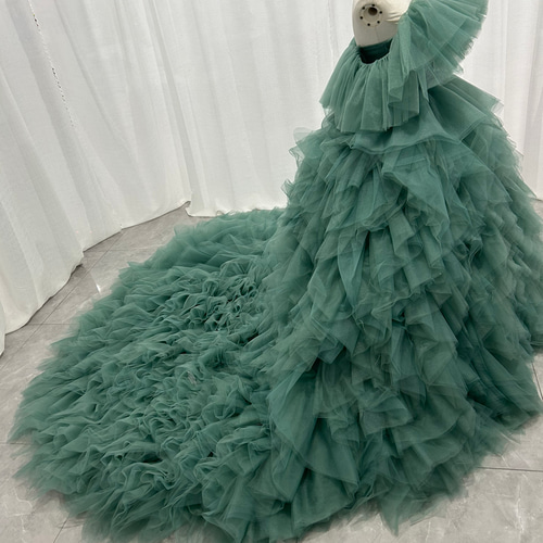 オフショルダー ミントグリーン カラードレス 韓国風ドレス チュール