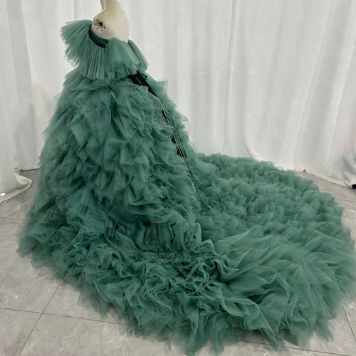 オフショルダー ミントグリーン カラードレス 韓国風ドレス チュール