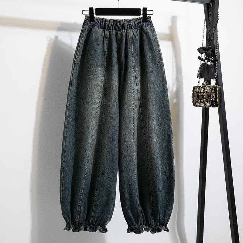 新品 春秋冬 大きいサイズ デニム ランタンパンツ フリル 青　バルーンｆ
