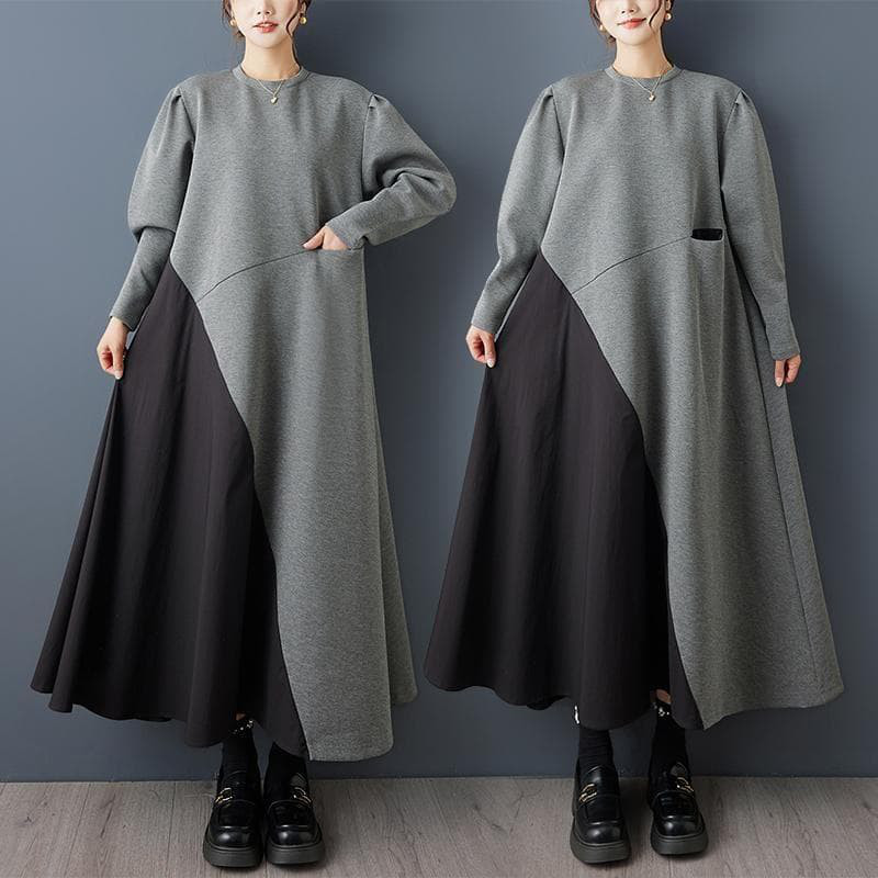 新品 大きいサイズ ゆったり ワンピース アシメ ロング グレー秋冬　長袖ｇ