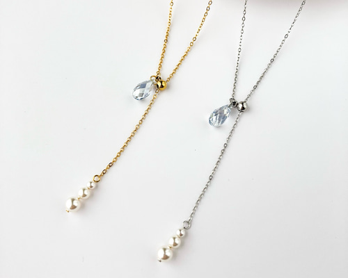 ハンドメイド スワロフスキーネックレス ゴールド シルバー ロング ひとしずくのスワロフスキーとパールのY字ロングネックレス サージカル