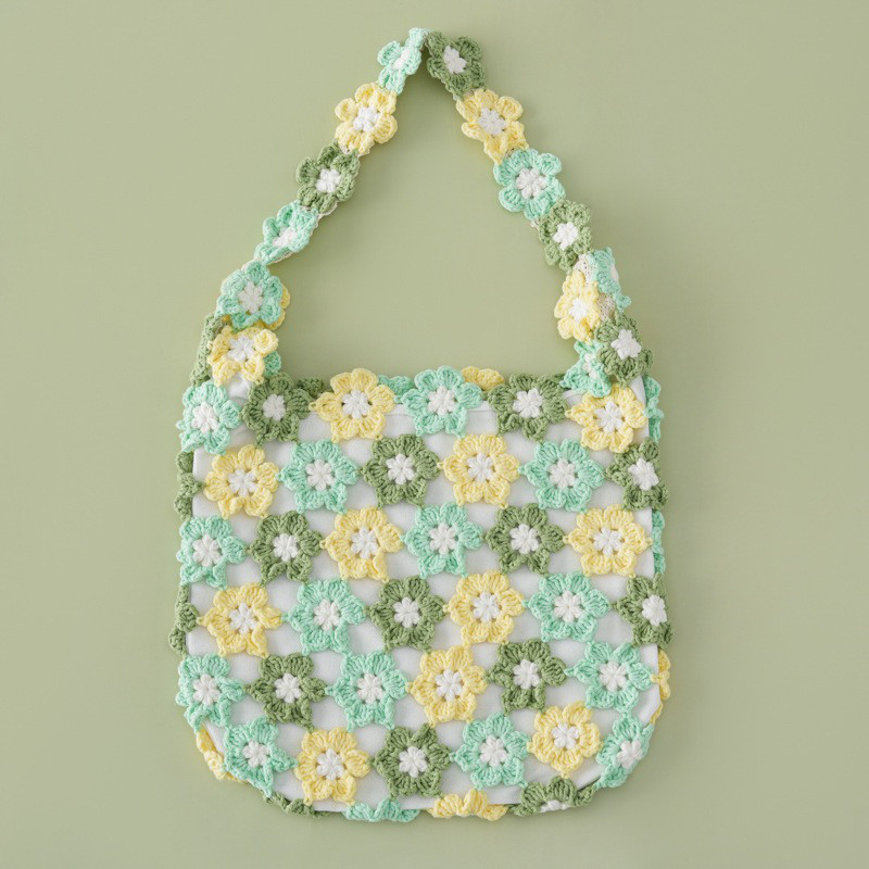 毛糸 手作り 手編み 斜めがけバッグ ショルダーバッグ プレゼント【春日限定シリーズ｜小花拼接 】green 1点