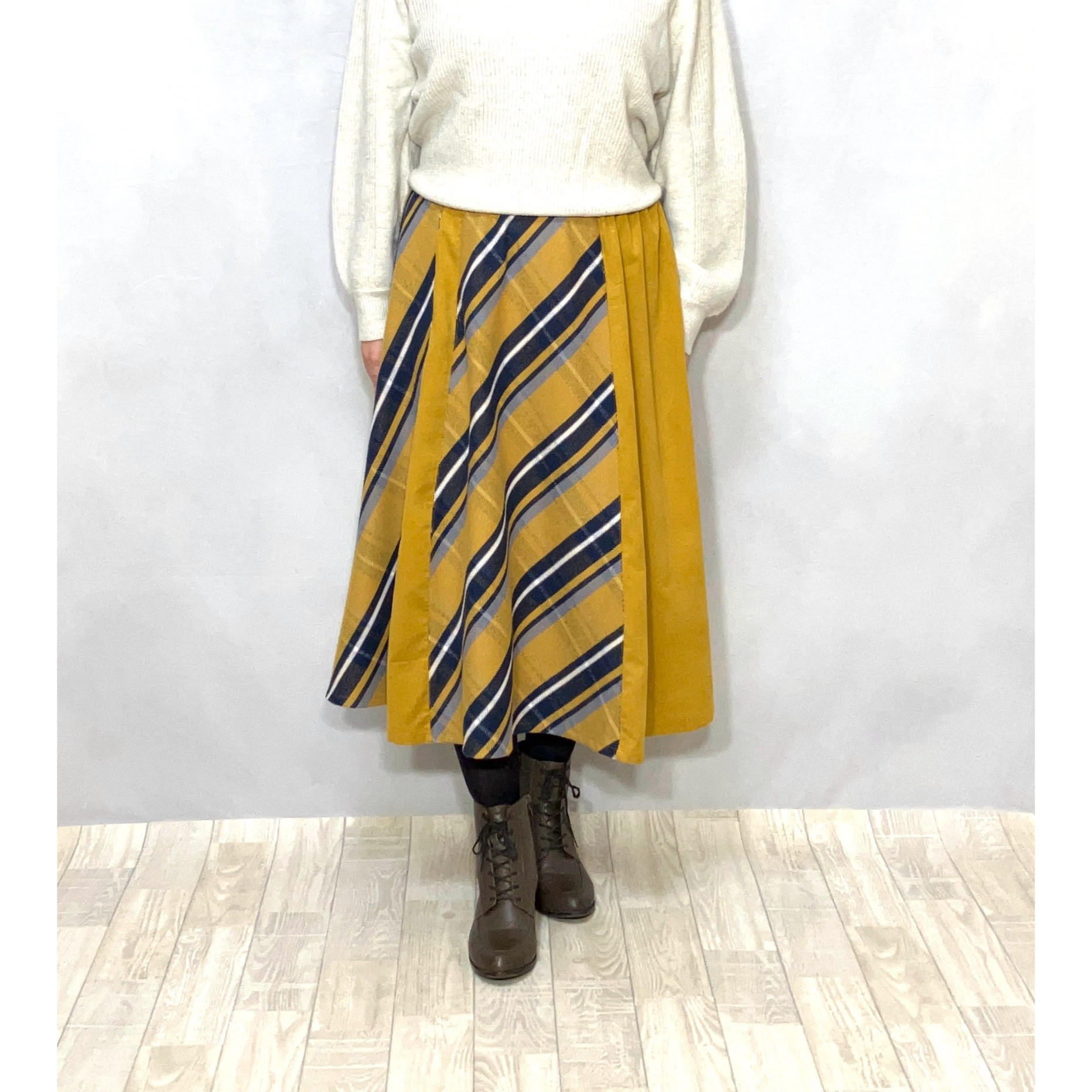 受注製作♡播州織♡マスタードのコーデュロイと播州織イエロー起毛綿の8枚ハギAラインスカートby Aki［A2536］
