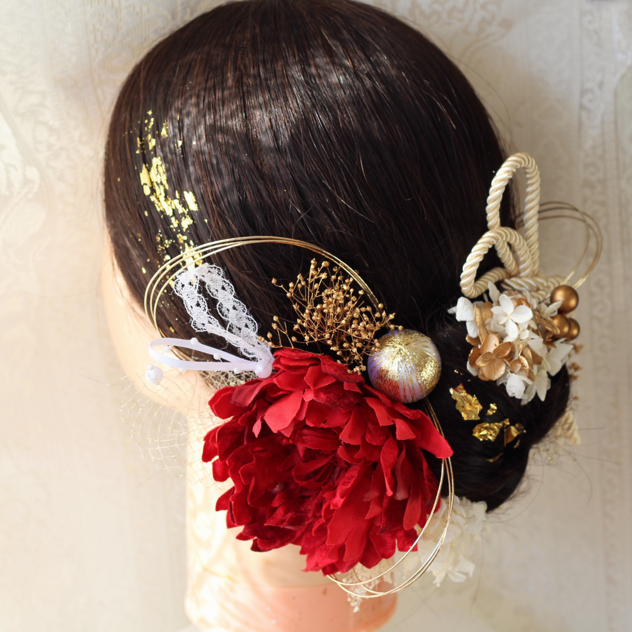 ドライフラワー☆ヘッドパーツ 成人式 卒業式 髪飾りプリザーブドフラワー  レッド 赤 ゴールド