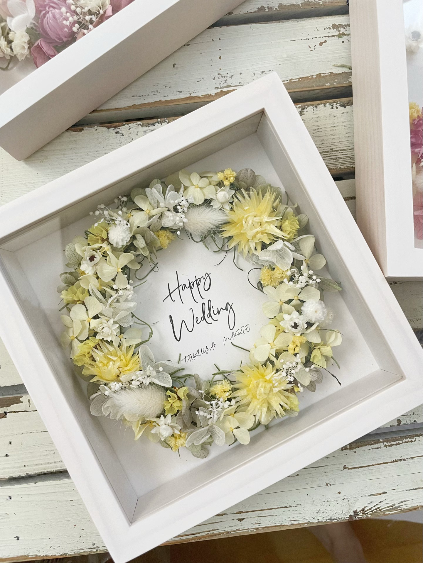 文字入れドライフラワーフレームリース｜Sイエロー 4,680円