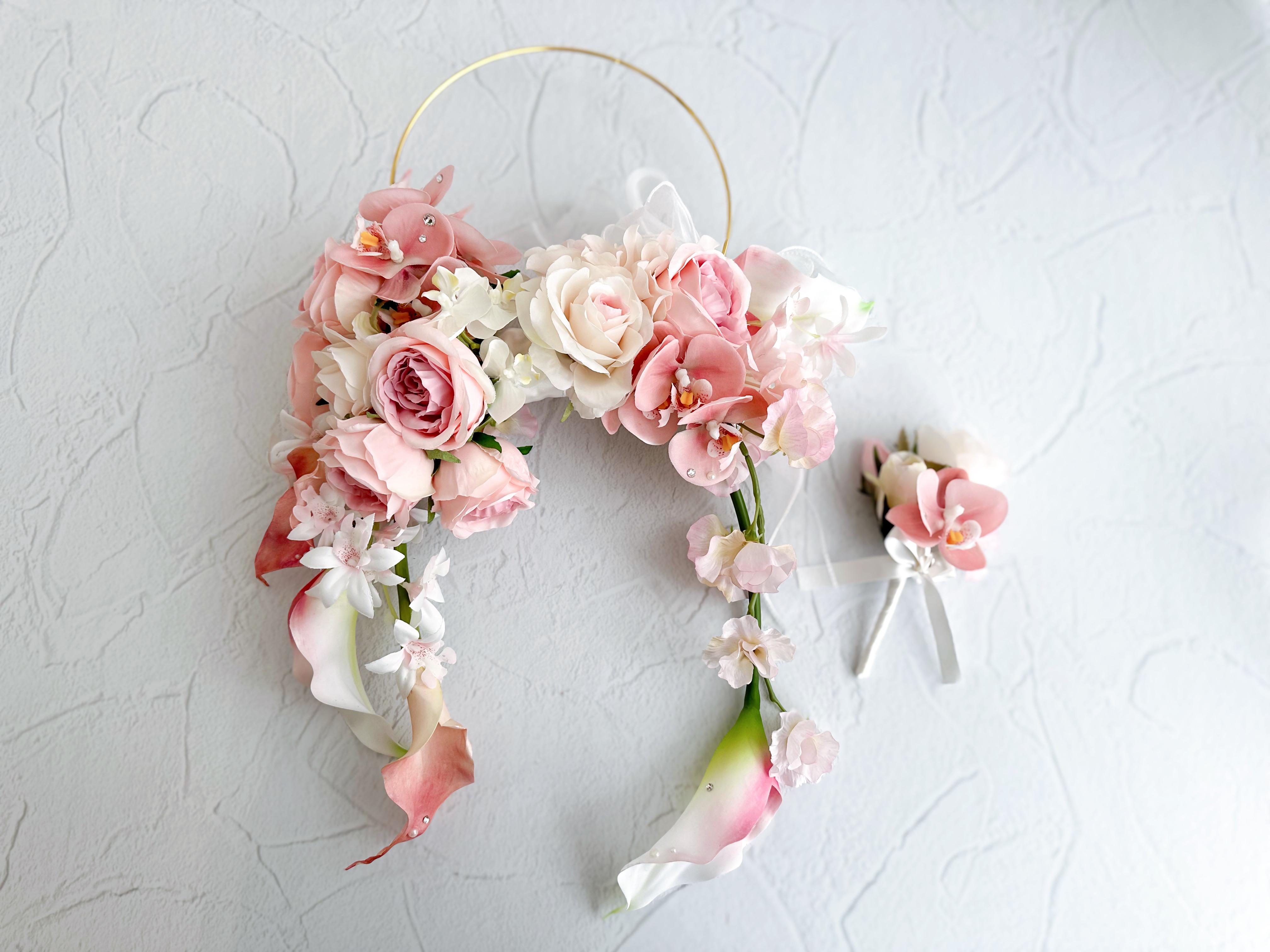 【 セミオーダーブーケ 】フープブーケ、ピンクブーケ、ウェディングブーケ 結婚式【 ブートニア付き 】