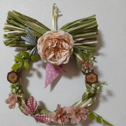 大人可愛い しめ縄リース｜くすみピンクとグリーンのお正月飾り しめ縄