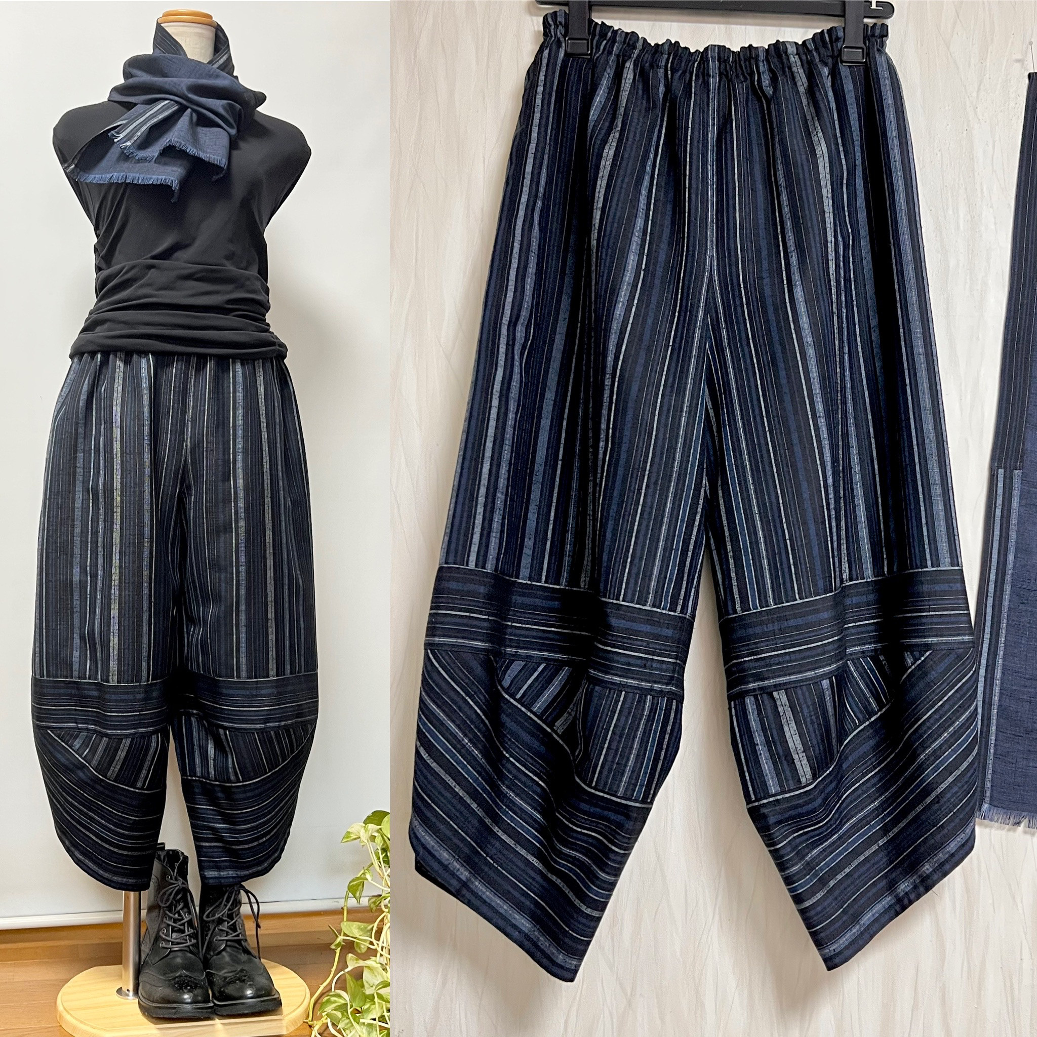 藍紺縞＊紬サルエルパンツ＋ストール＊裏地付き＊着物リメイク