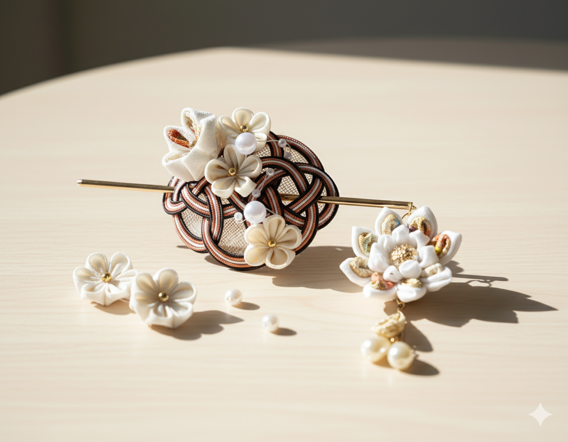 黒×白つまみ細工×絹水引2wayマジェステ｜大人の和モダン髪飾り 浴衣・フォーマル 4,380円