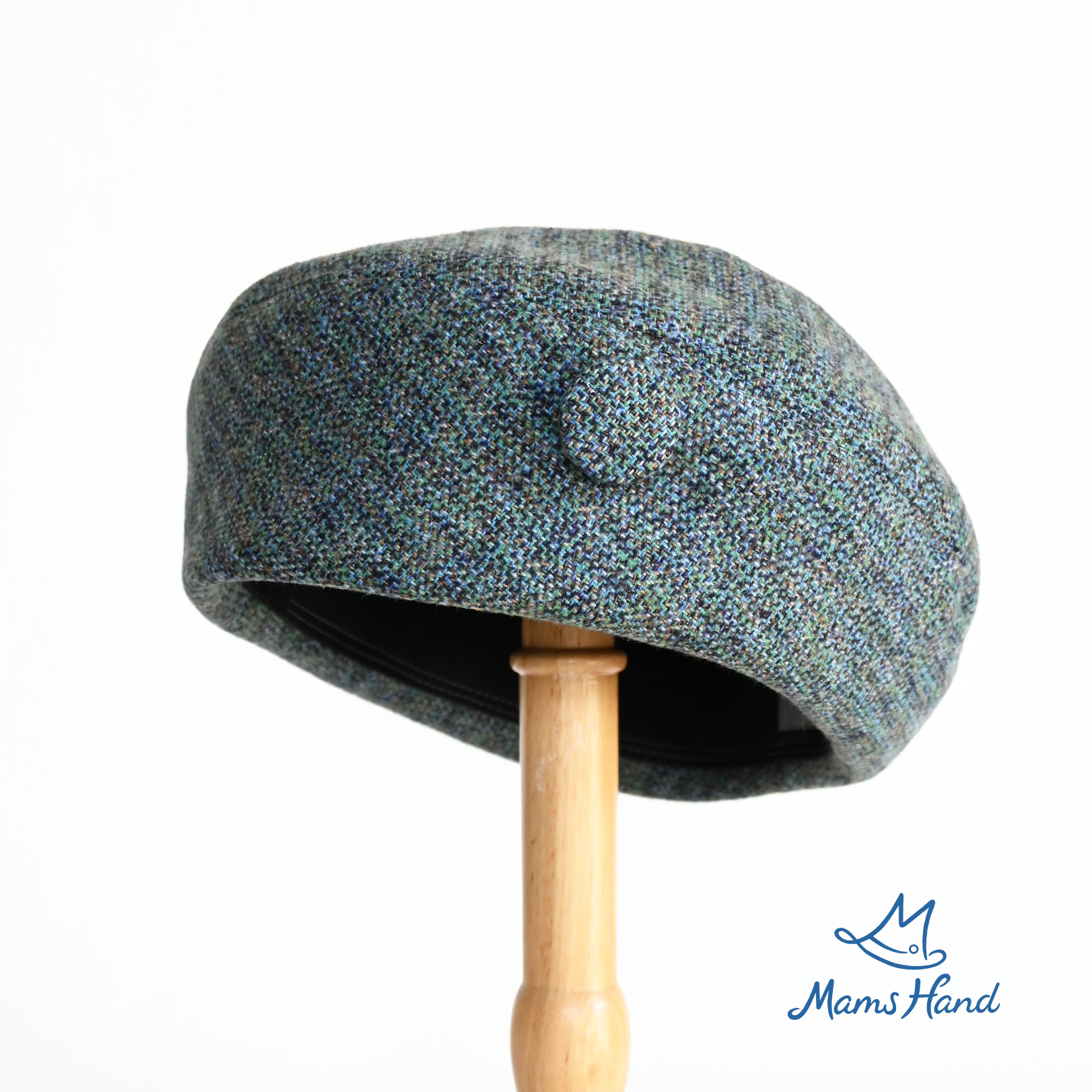 サークルベレー やわらか手触り コットンツイード 春の足音 ブルー くるみボタン M 洗濯可 帽子 ベレー帽